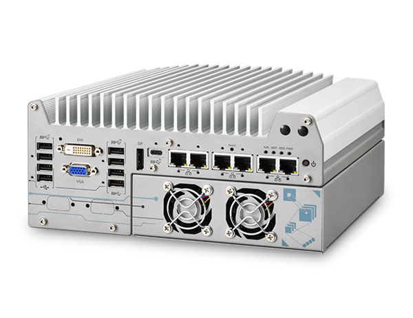 Neousys Nuvo-9154GC Edge-KI-Computer — Front-I/O mit USB, DisplayPort, VGA und Ethernet-Ports